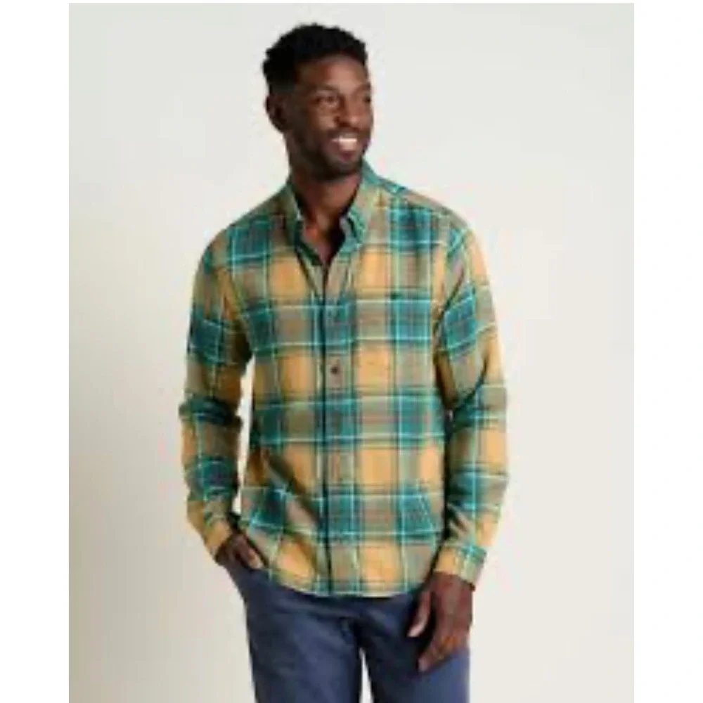 Toad&Co Mens Large Plaid Flannel Shirt Yellow Green Recycled Cotton Blend L/S
